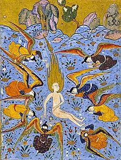 Angels witnessing the creation of Adam, Persian miniature (c. 1560).