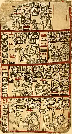 Middle divisions of pages 10 and 11 of the Codex Tro-Cortesiano, showing one tonalamatl extending across the two pages