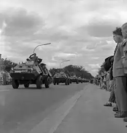10th anniversary of the Federal Border Guard (BGS, Bundesgrenzschutz) in SW1 armoured personnel carries; parade in the presence of Federal Minister of the Interior Gerhard Schröder and BGS Brigadier General Alfred Samlowski, Lübeck, May 1961.