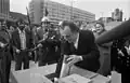 Kurt Masur lays the foundation stone of the current Gewandhaus, 8 November 1977. Behind him is East German Minister for Culture Hans-Joachim Hoffmann.