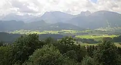 View of neighbouring Falkenstein Castle and the Tannheim Mountains