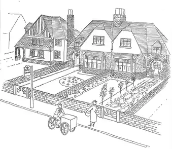 alt=line drawing of a detached house and two semi-detached houses in typical British style of the 1930s, with mock-Tudor fronts and architectural features from other eras