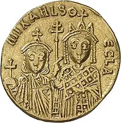 Gold coin depicting two crowned figures in imperial attire: Thekla, larger on the right, with her brother Michael III, smaller on the left