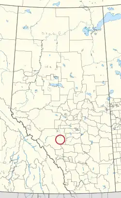 A map of the province of Alberta showing 80 counties and 145 small Indian reserves. One is highlighted with a red circle.