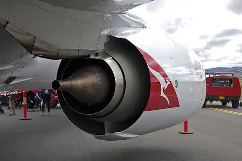 CFM56 showing internal air system overboard vent for the oil system (vent tube in the exhaust). Secondary air enters the bearing compartments through labyrinth seals to prevent oil escaping in the opposite direction. The air continually escapes from the system through the vent with some oil mist after passing through a centrifugal air/oil separator.[146]