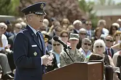 General Selva upon assuming the command of United States Transportation Command, speaks during United States Transportation command change of command ceremony at Scott Air Force Base on 5 May 2014