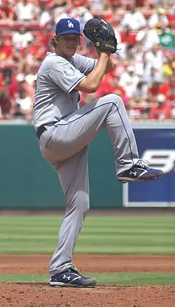 Clayton Kershaw of the Los Angeles Dodgers, mid-pitching delivery