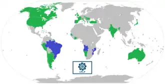 Map of CPLP member states (blue) and associate observers (green)
