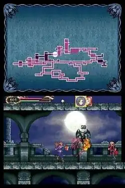 A composite image of two horizontal rectangular video game screenshots. The top screenshot depicts various pink rectangular shapes connected together in the side view of a building layout. The bottom screenshot is a digital representation of an interior stone castle bridge where two characters attack a winged monster from both sides.