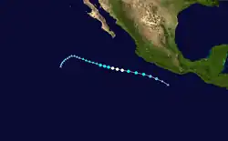 A map of the path of a hurricane heading west-northwestward away from the Pacific coast of Mexico