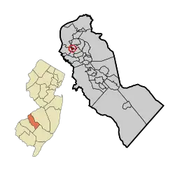 Location of Audubon Park in Camden County highlighted in red (right). Inset map: Location of Camden County in New Jersey highlighted in orange (left).