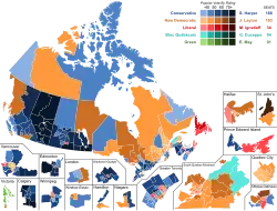 Results by riding. Shading refers to strength of popular vote.