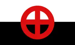 The "ensign" of the Canadian Nationalist Party, in practice its second party flag. It is a white (top) and black (bottom) bicolour charged with a red cross within a red circle in the centre.