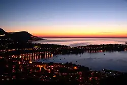 View to the east from the Fort du Mont Alban. The bay of Villefranche and Cap Ferrat, and in the distance Monaco.