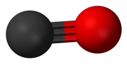 A carbon atom (shown as a grey ball) triple-bonded to an oxygen atom (shown as a red ball).