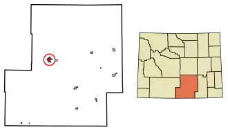 Location of Rawlins in Carbon County, Wyoming.