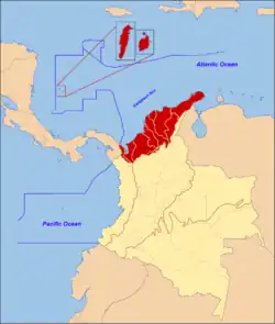 The Caribbean region detailed in dark red with territorial waters