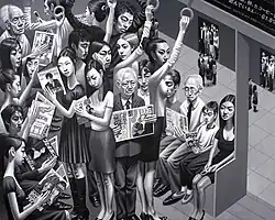 Monochrome painting of Tokyo subway commuters