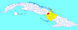 Céspedes municipality (red) within Camagüey Province (yellow) and Cuba