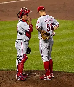 Carlos Ruiz visit Joe Blanton on the mound