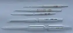 Carlsberg pipettes, glass micropipettes named for their place of invention and first use, The Carlsberg Laboratory, Physiology Department, Copenhagen, Denmark. Used with a mouthpiece for precision biochemical and physiological lab work., From the top: double constriction pipettes for 1 and 10 microlitres; single constriction pipettes for 200; 2,000; and 10,000 microlitres