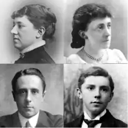 four faces: two women, both white with dark hair, one in left profile, one in semi-profile; two men, both white with dark hair, full face