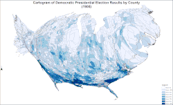 Cartogram of Democratic presidential election results by county