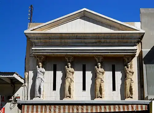 Postmodern cast stone caryatids in Nogales, Mexico, unknown architect, unknown date