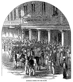 Black and white engraving with well-dressed people and horses