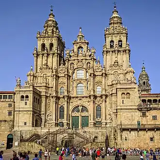 The Spanish Baroque west front of the Romanesque Cathedral of Santiago de Compostela.