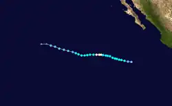 A map of the path of a hurricane well off the Pacific coast of Mexico. It generally moves west-northwestward, except for a portion midway through its track where the system moves nearly due west.
