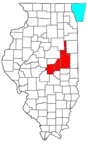 Champaign, Macon, Ford, and Piatt counties shown in red. Illinois portion of Lake Michigan shown in light blue.