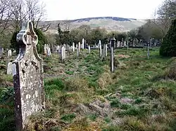 rough grass burial ground with old gravestones and a mountain in the distance