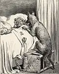 Illustration for Charles Perrault's Le Petit Chaperon Rouge from Histoires ou Contes du Temps passé: Les Contes de ma Mère l'Oye (1697). Gustave Doré's illustrations appear in an 1867 edition entitled Les Contes de Perrault. Second of three engravings