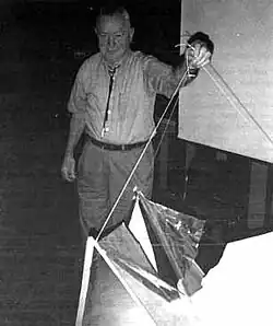 Atmospheric physicist Charles Moore displays radar reflector similar to those on balloons in Project Mogul experiments.