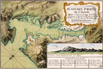 A post 1770 large scale, southeast-up map of Chatham Harbour (Puerto de San Joseph in the title); the illustration shows a north view of the harbour entrance marked by Bald Island (island “A”), with Mount Weddell prominent in the background