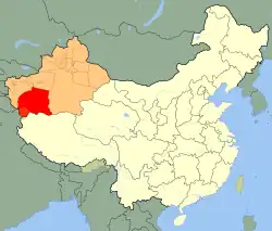 Hotan prefecture (red) (including Kunyu) in Xinjiang (orange)