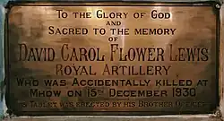Lieutenant David Carol Flower Lewis of the Royal Artillery was killed accidentally in December 1930