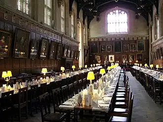 interior of large mediaeval building with tables and benches