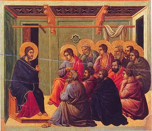 Image 19Jesus' Farewell Discourse to his eleven remaining disciples after the Last Supper, from the Maestà by Duccio (from Jesus in Christianity)