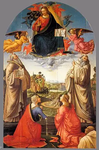 Studio of Ghirlandaio, Christ in Glory with Four Saints and a Donor, tempera on wood