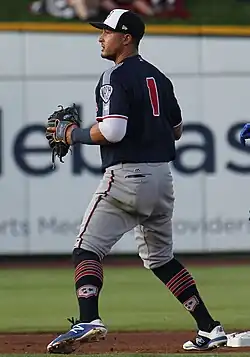 A baseball player in navy blue and gray