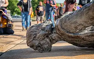 Christopher Columbus Statue torn down at Minnesota State Capitol in St. Paul, Minnesota on June 10, 2020