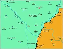 A map of the localities and other features around the Chunj feature, located to the immediate top left of the City of Tithwal. Indian territories are shaded orange, Pakistani territories are shaded light gree. Rivers are marked with blue lines.