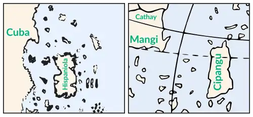 Side by side outlines of the map's depiction of the Caribbean and the Behaim globe's depiction of Asia's east coast show different coastlines but a similar arrangement of land masses.