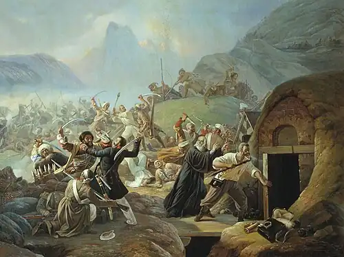 An Adyghe strike on a Russian Military Fort built over a Shapsugian village that aimed to free the Circassian coast from the occupiers during the Russian-Circassian War, 22 March 1840