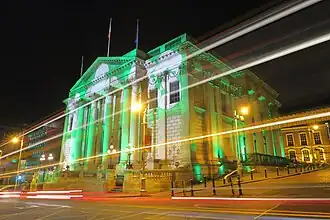 The building decorated with a projection for St Patricks Day, 2021