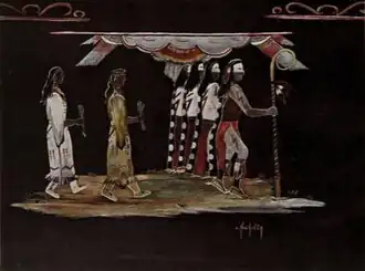 Watercolor painting depicts six figures performing a traditional dance