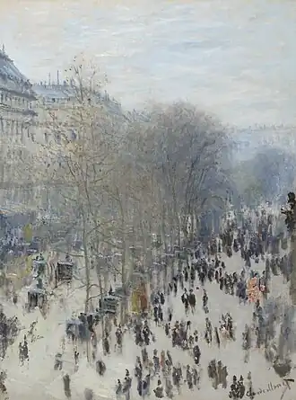 Boulevard des Capucines; by Claude Monet; 1873; oil on canvas; 80.5 x 60.2 cm; Nelson-Atkins Museum of Art (Kansas City, Missouri, US)[223]
