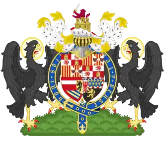 Arms of Philip, Prince of Asturias at his investiture, encircled by the Garter (in 1554)